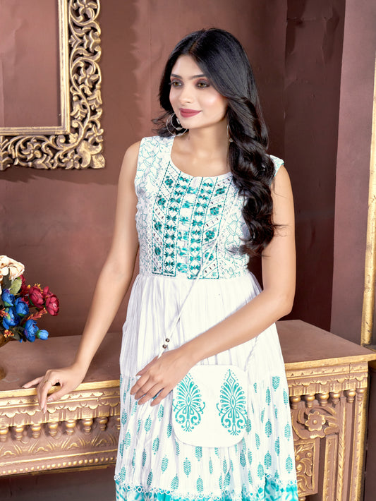 Women Cotton Turquoise Blue Embroidered Mirror Work Gown