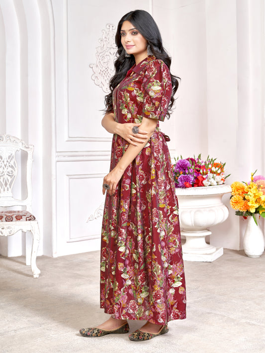 Women Maroon Cotton Muslin Floral Printed Gown