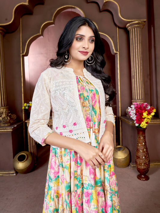 Women Printed Cotton Long Gown Kurti with Schiffli Jacket Koti