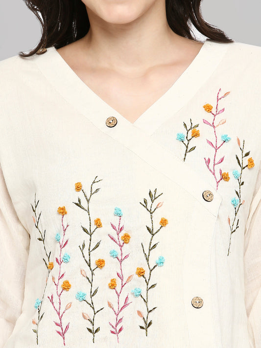 Women Embroidered White Khadi cotton Tunic Top