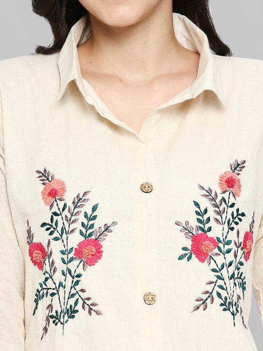 Shirt Type Women Embroidered White Khadi cotton Tunic Top