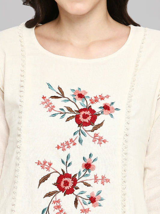 Women Embroidered White Khadi cotton Tunic Top