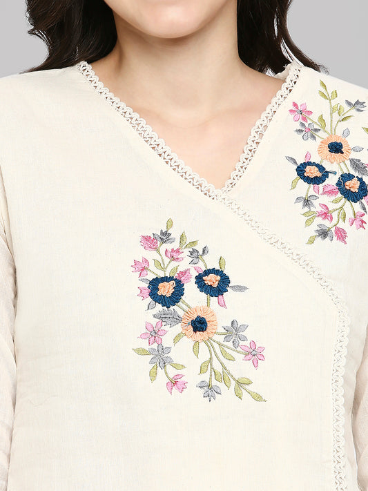 Women Embroidered White Khadi cotton Tunic Top