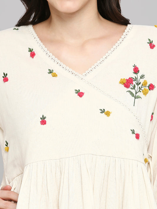 Women Embroidered White Khadi cotton Tunic Top