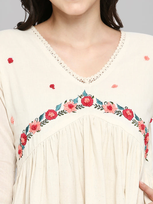 Women Embroidered White Khadi cotton Tunic Top