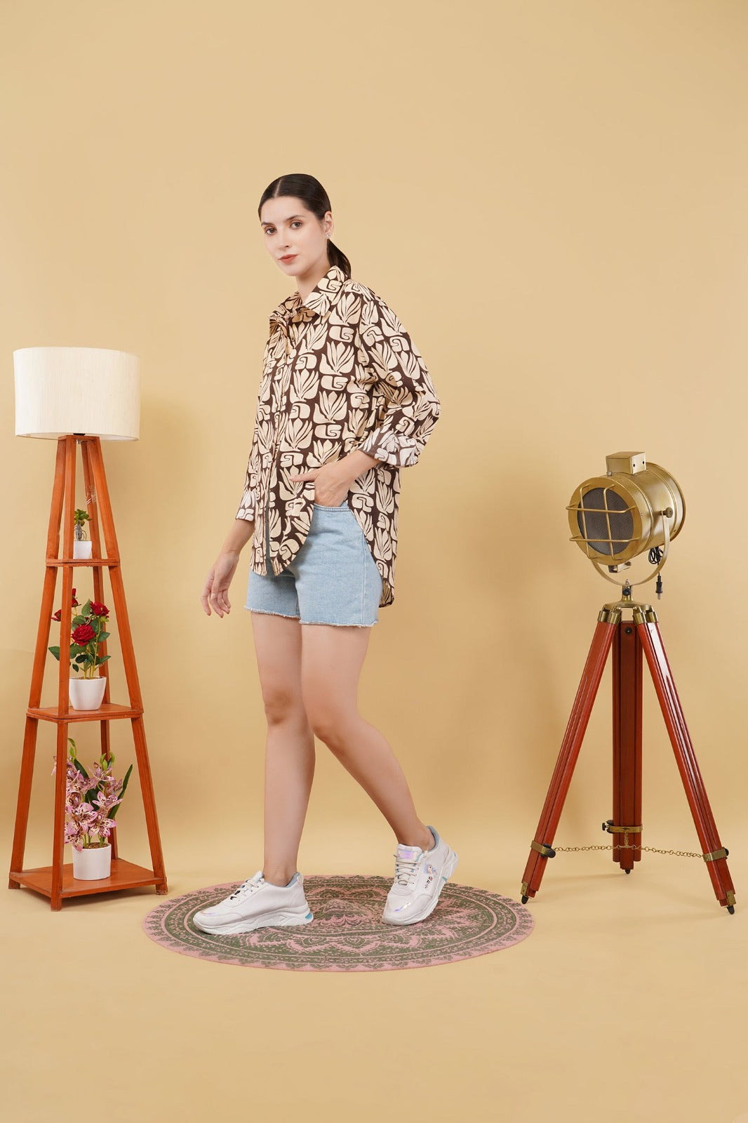 Women's Brown Hand-Block Printed Oversized Shirt – Stylish Boho Shirt Jacket