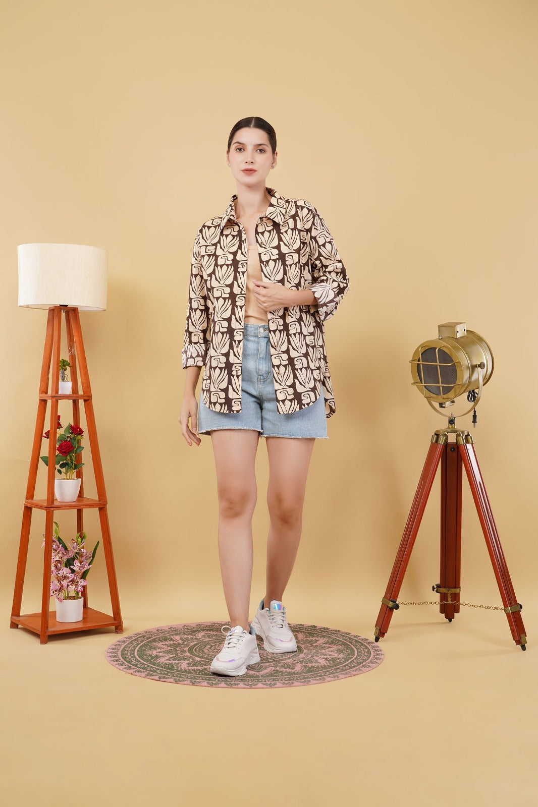 Women's Brown Hand-Block Printed Oversized Shirt – Stylish Boho Shirt Jacket