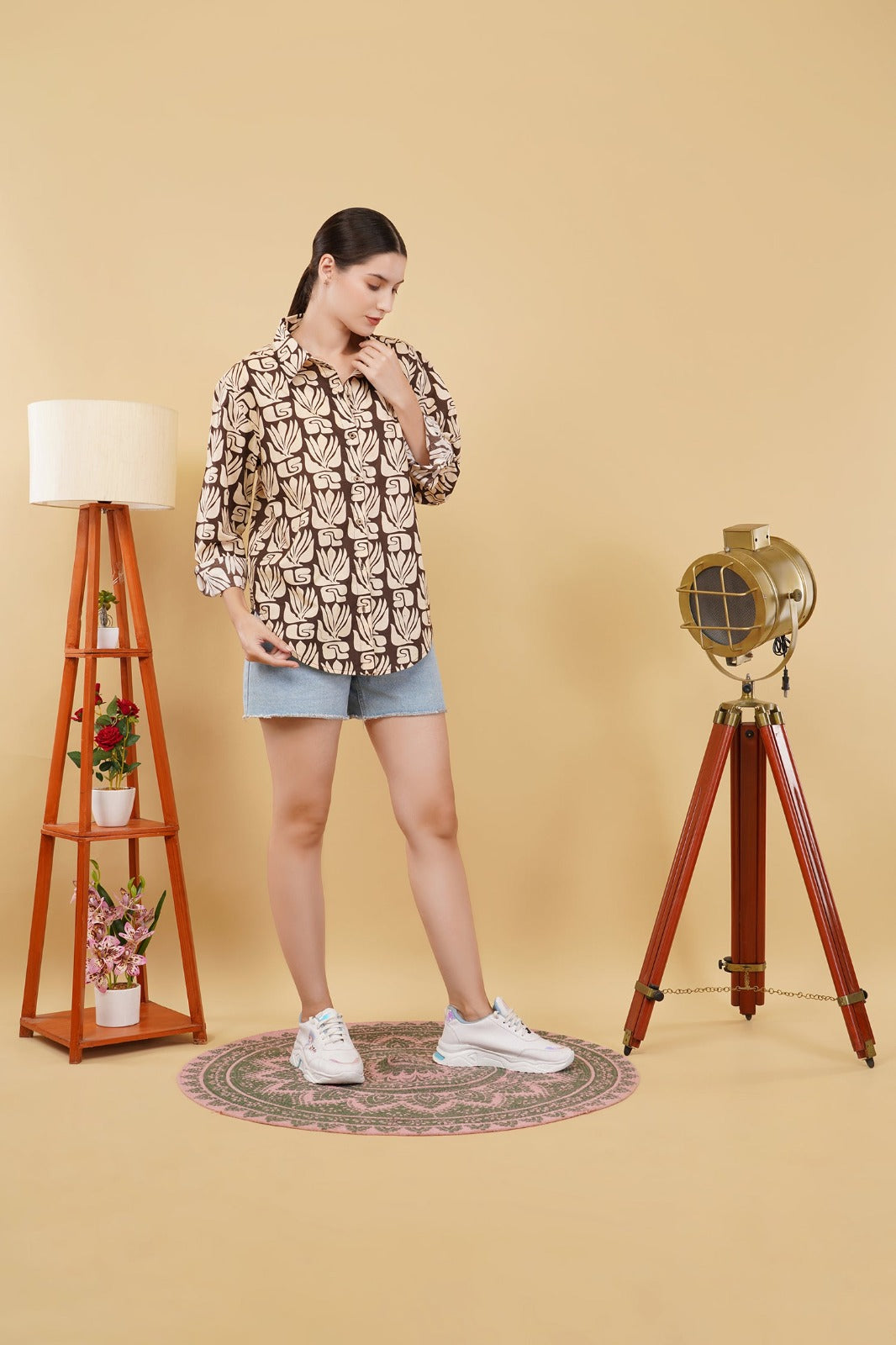 Women's Brown Hand-Block Printed Oversized Shirt – Stylish Boho Shirt Jacket