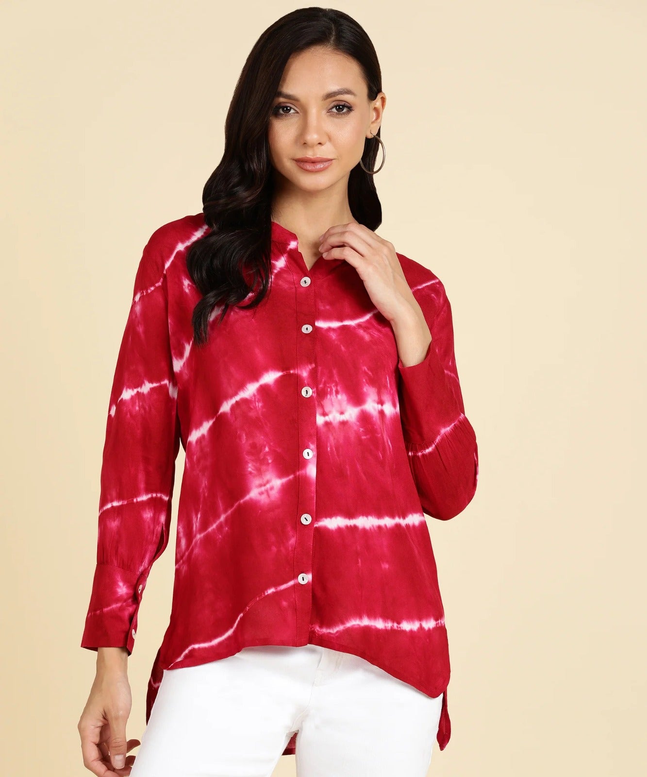 Women's Bold Red Tie-Dye Long Sleeve Shirt – Button Down Casual Chic Top