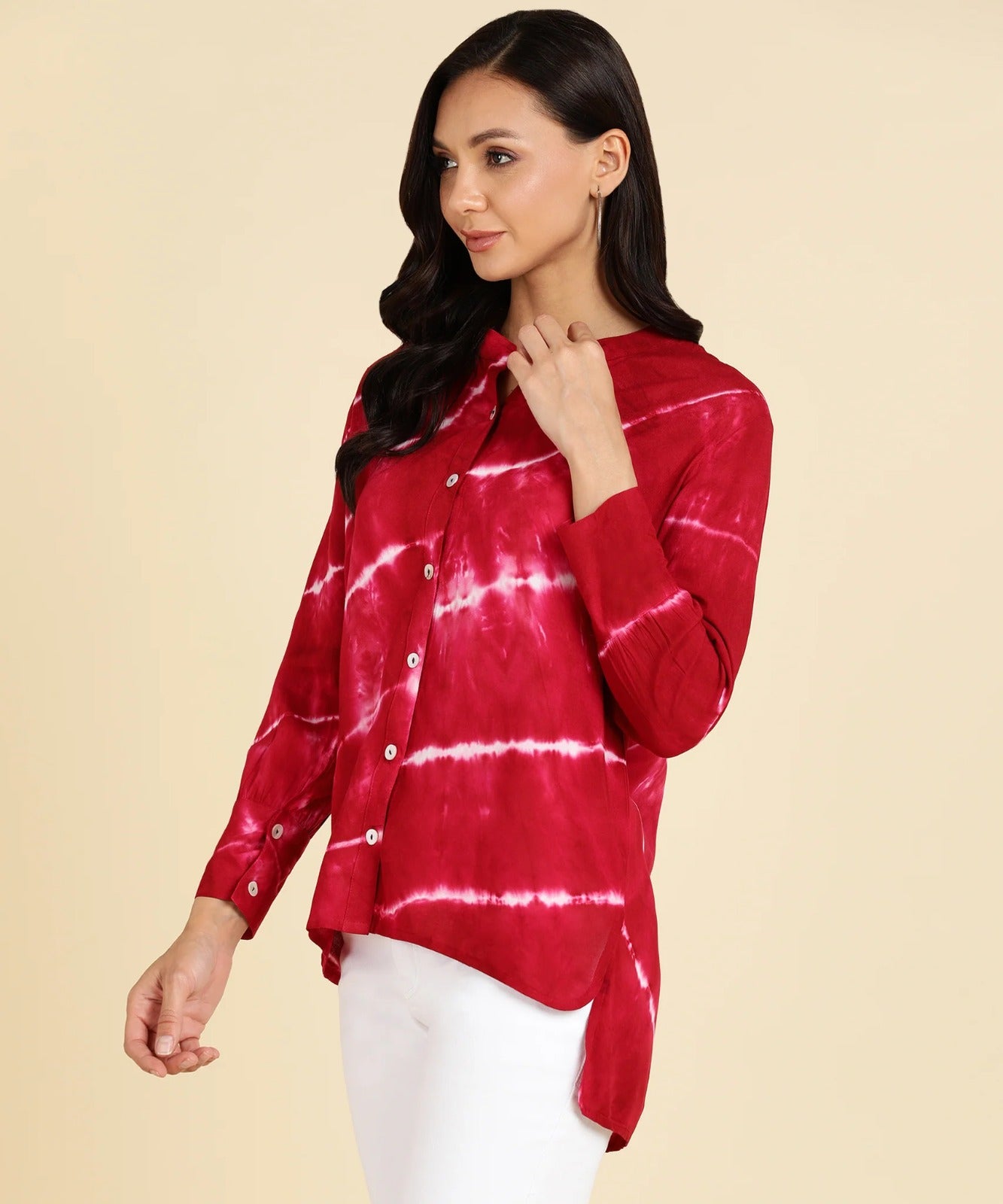 Women's Bold Red Tie-Dye Long Sleeve Shirt – Button Down Casual Chic Top