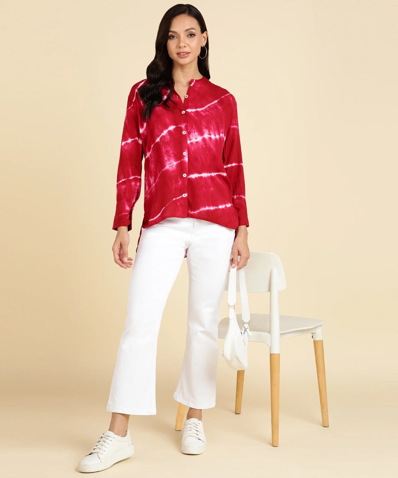 Women's Bold Red Tie-Dye Long Sleeve Shirt – Button Down Casual Chic Top