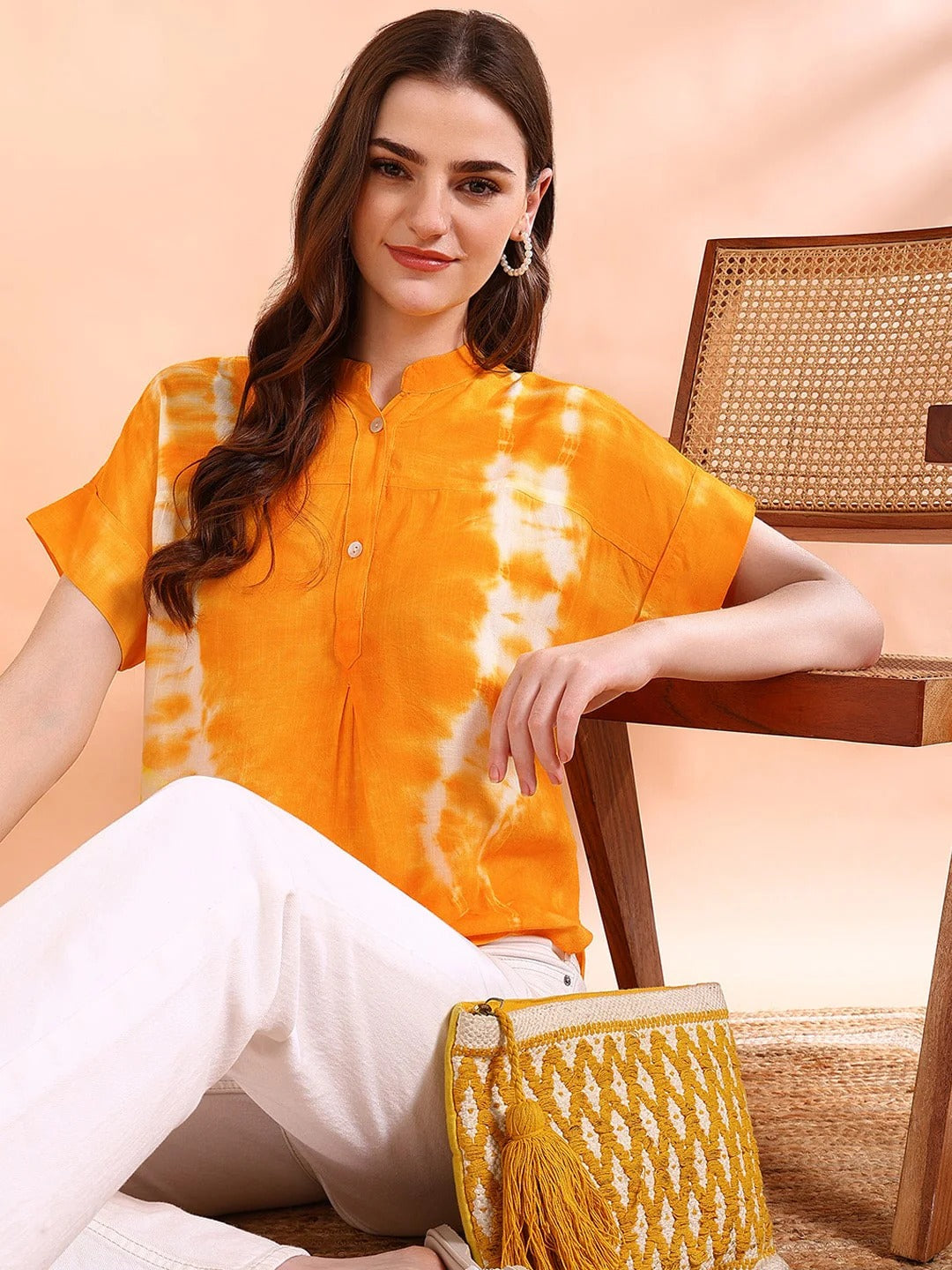 Women's Bright Orange Tie-Dye Short Sleeve Tunic – Breezy Cotton Casual Tunic Top