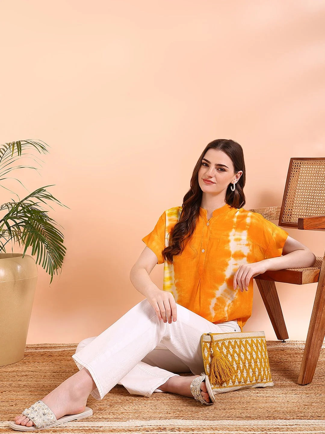 Women's Bright Orange Tie-Dye Short Sleeve Tunic – Breezy Cotton Casual Tunic Top