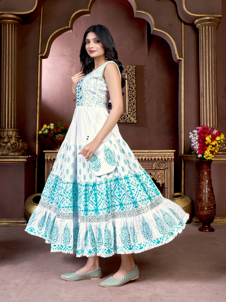 Women Cotton Turquoise Blue Embroidered Mirror Work Gown