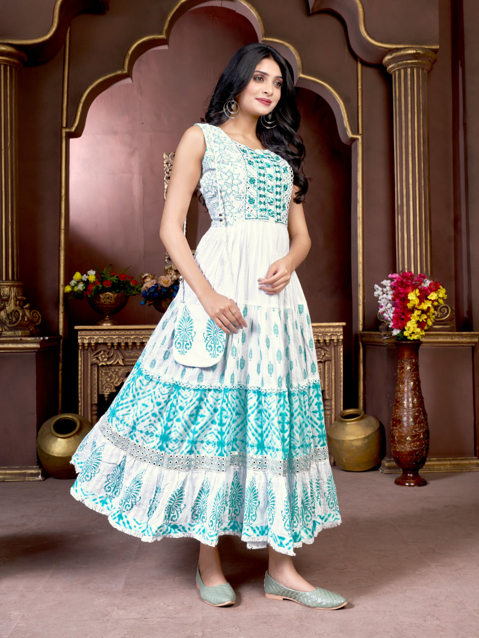 Women Cotton Turquoise Blue Embroidered Mirror Work Gown