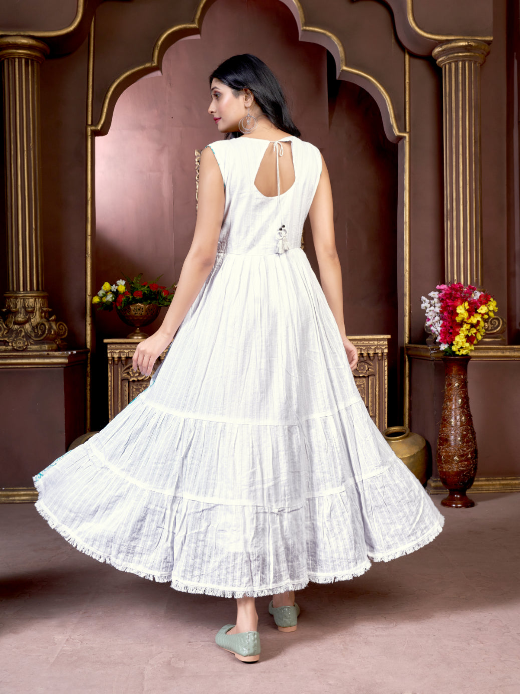 Women Cotton Turquoise Blue Embroidered Mirror Work Gown