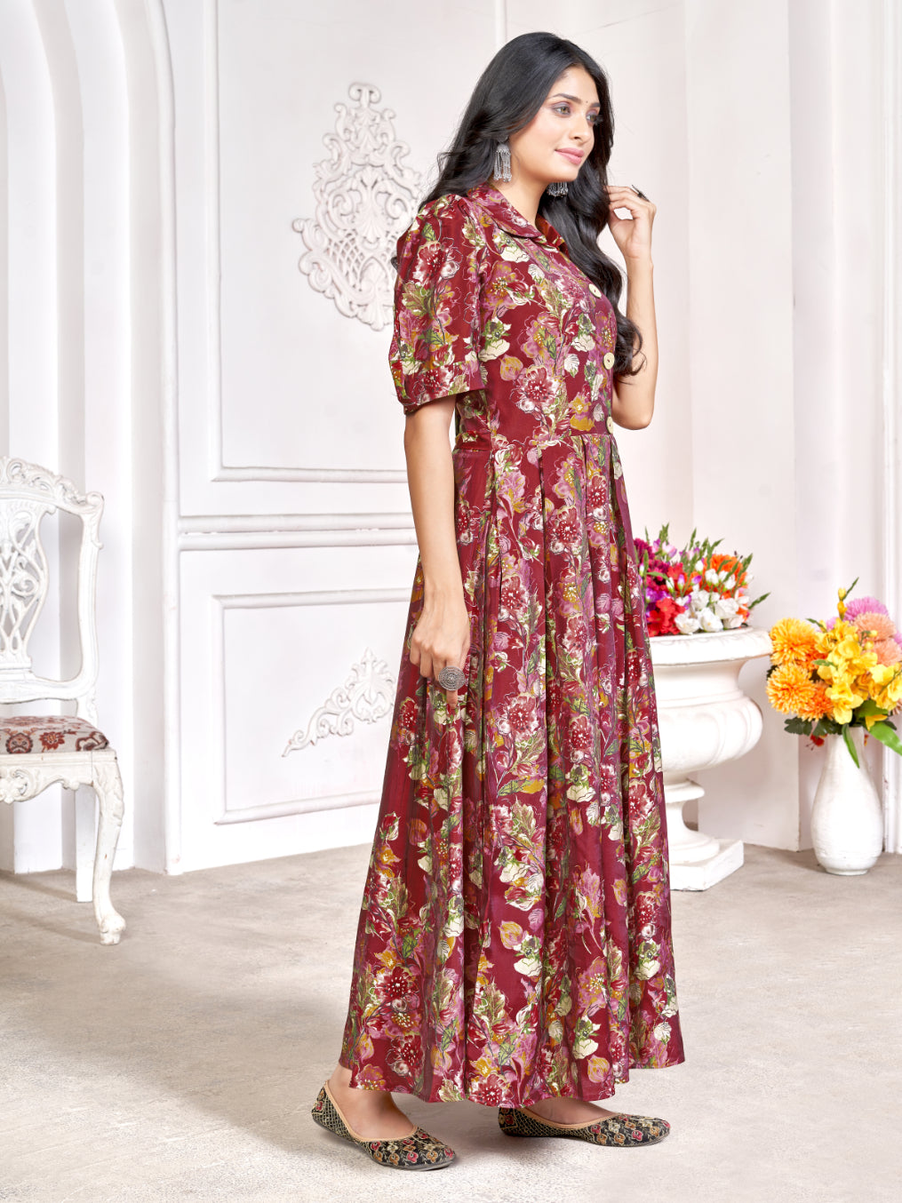 Women Maroon Cotton Muslin Floral Printed Gown