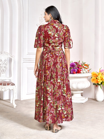 Women Maroon Cotton Muslin Floral Printed Gown
