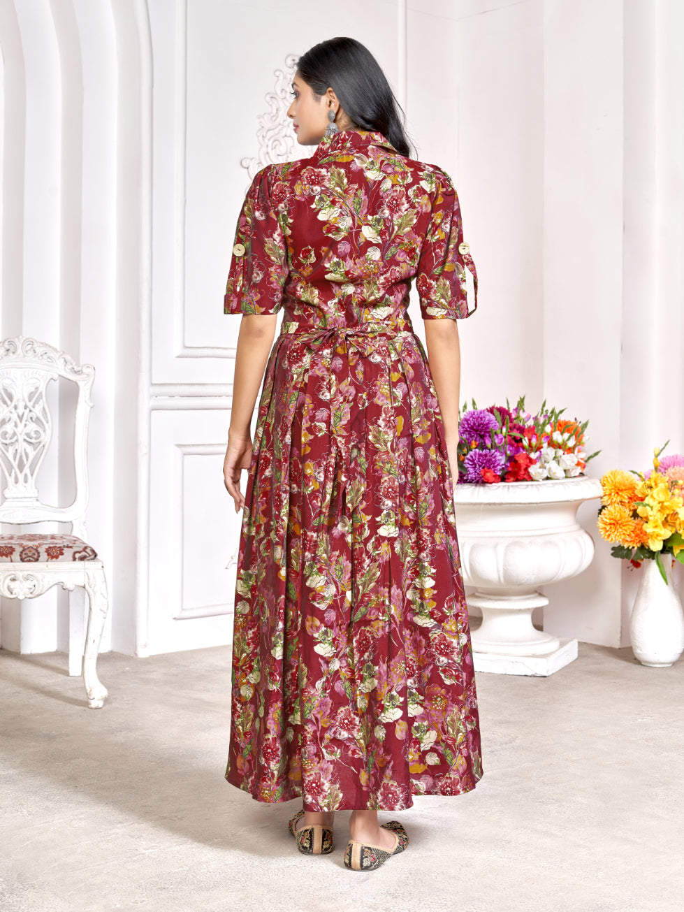 Women Maroon Cotton Muslin Floral Printed Gown