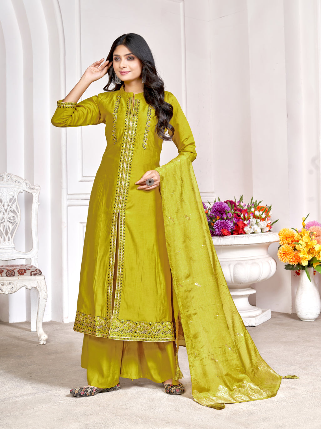 Women Mustard Yellow Designer Embroidered Salwar Kameez Palazzo Suit Set