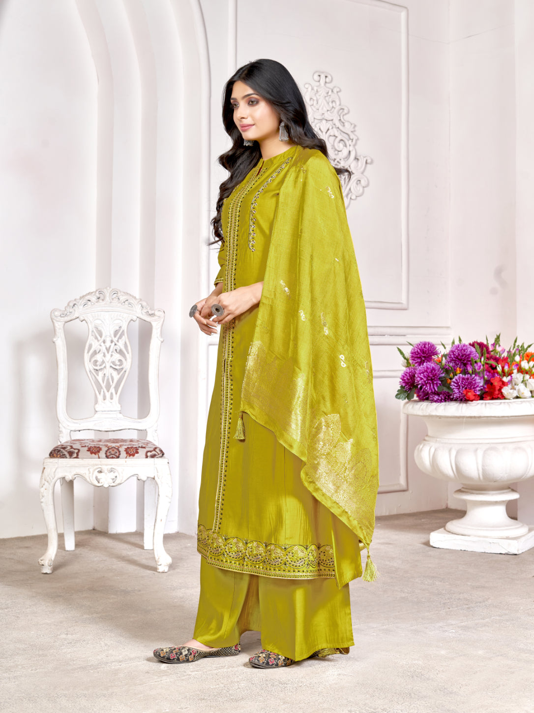 Women Mustard Yellow Designer Embroidered Salwar Kameez Palazzo Suit Set