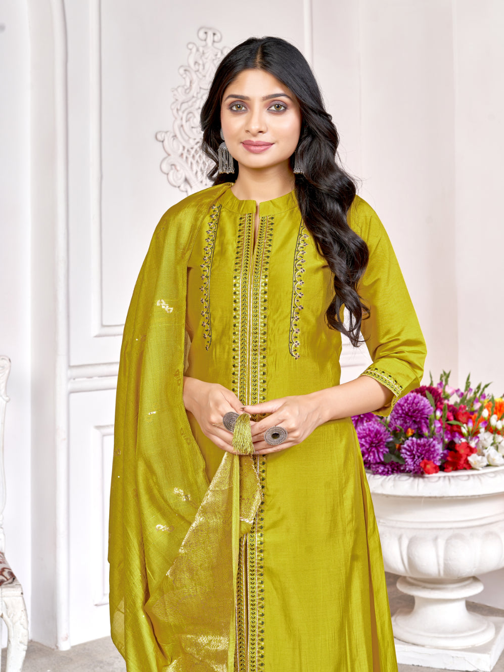 Women Mustard Yellow Designer Embroidered Salwar Kameez Palazzo Suit Set