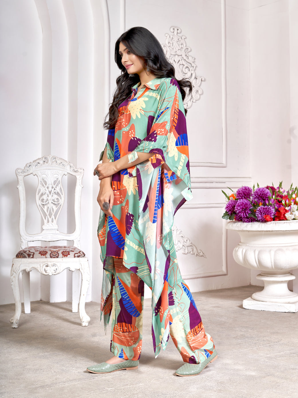 Multicolor Viscose Crepe Printed Kaftan Co-ord Set