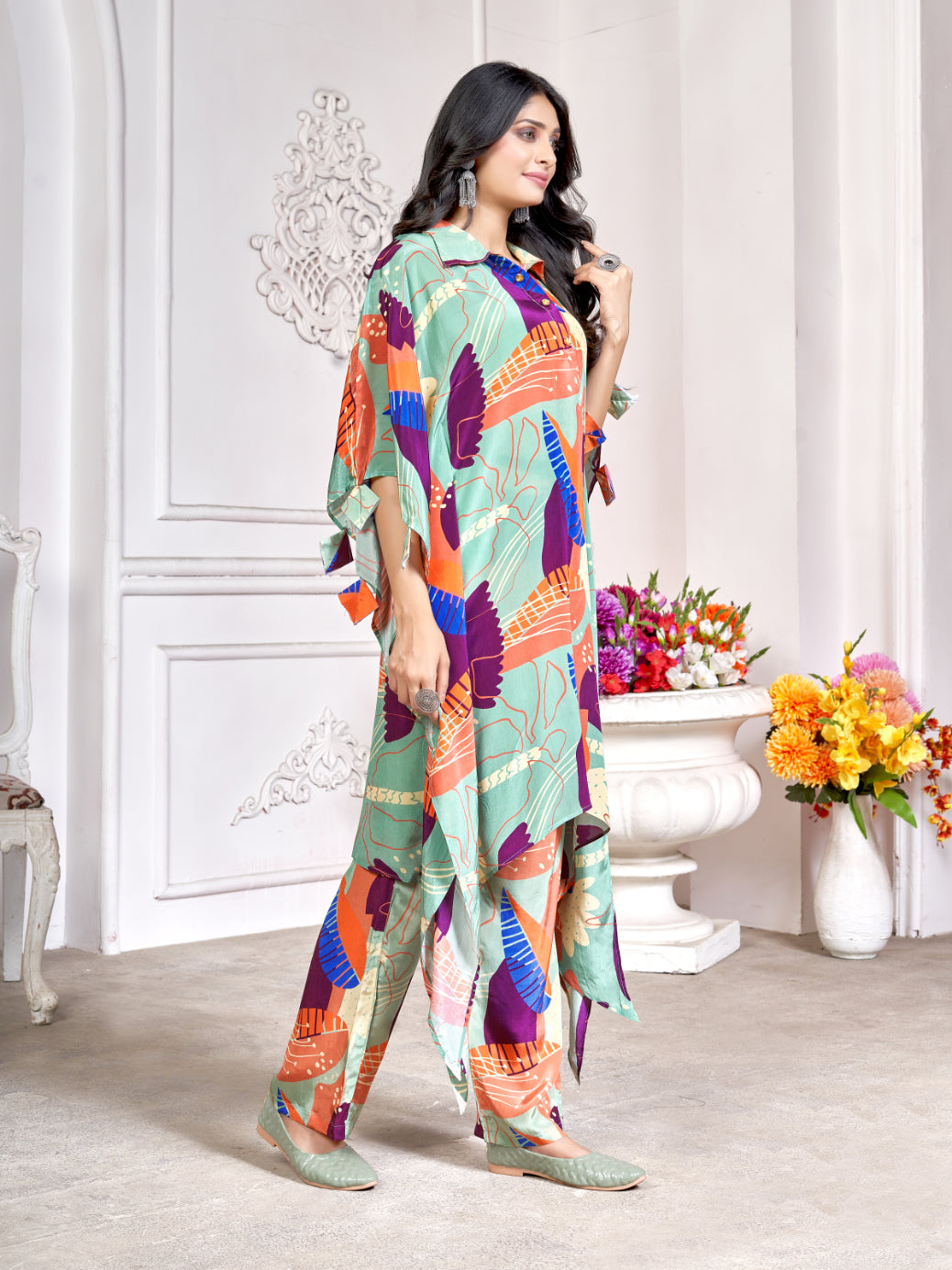 Multicolor Viscose Crepe Printed Kaftan Co-ord Set