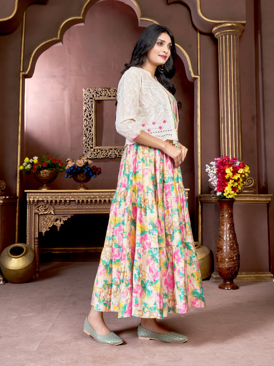 Women Printed Cotton Long Gown Kurti with Schiffli Jacket Koti