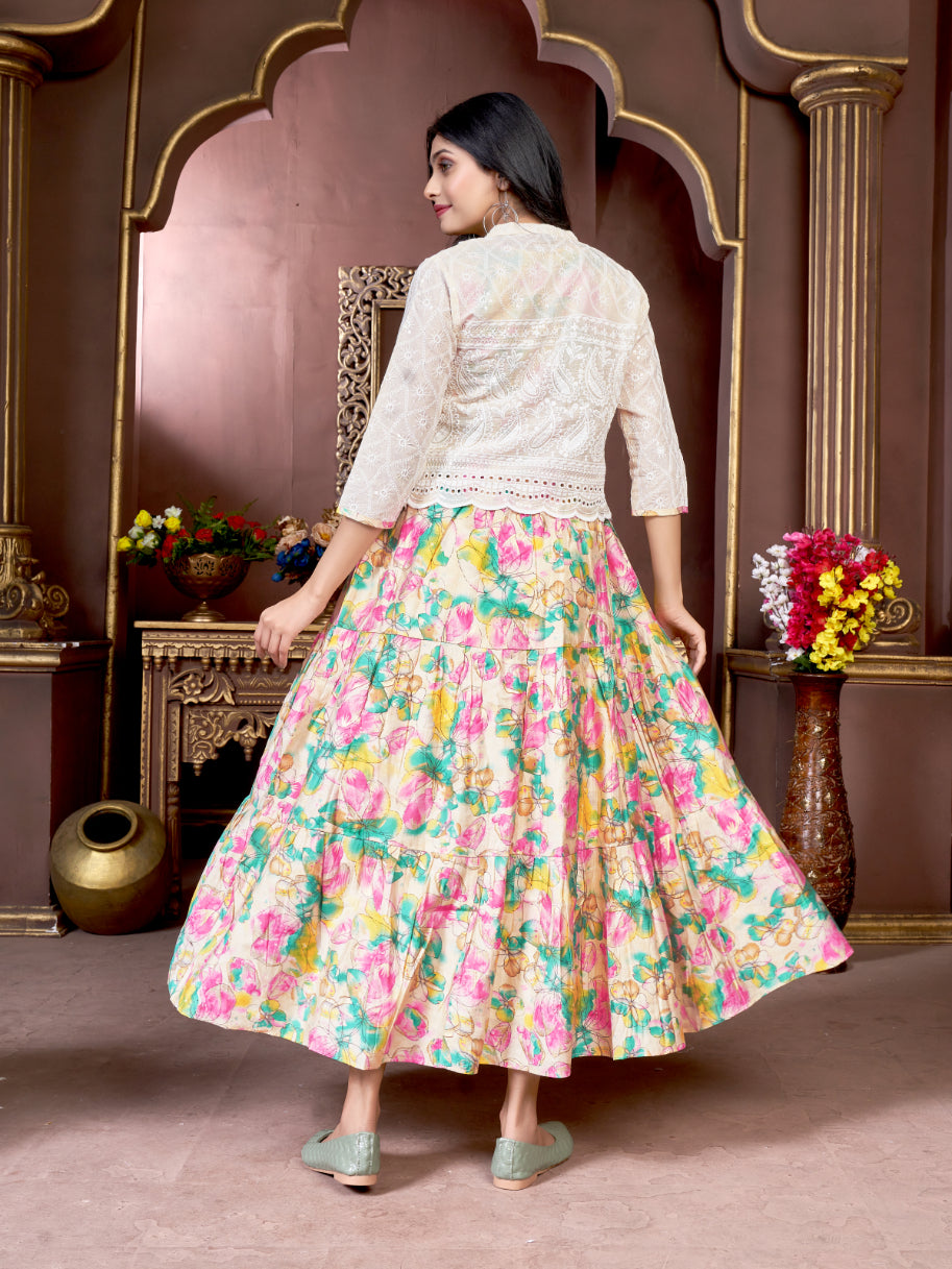 Women Printed Cotton Long Gown Kurti with Schiffli Jacket Koti