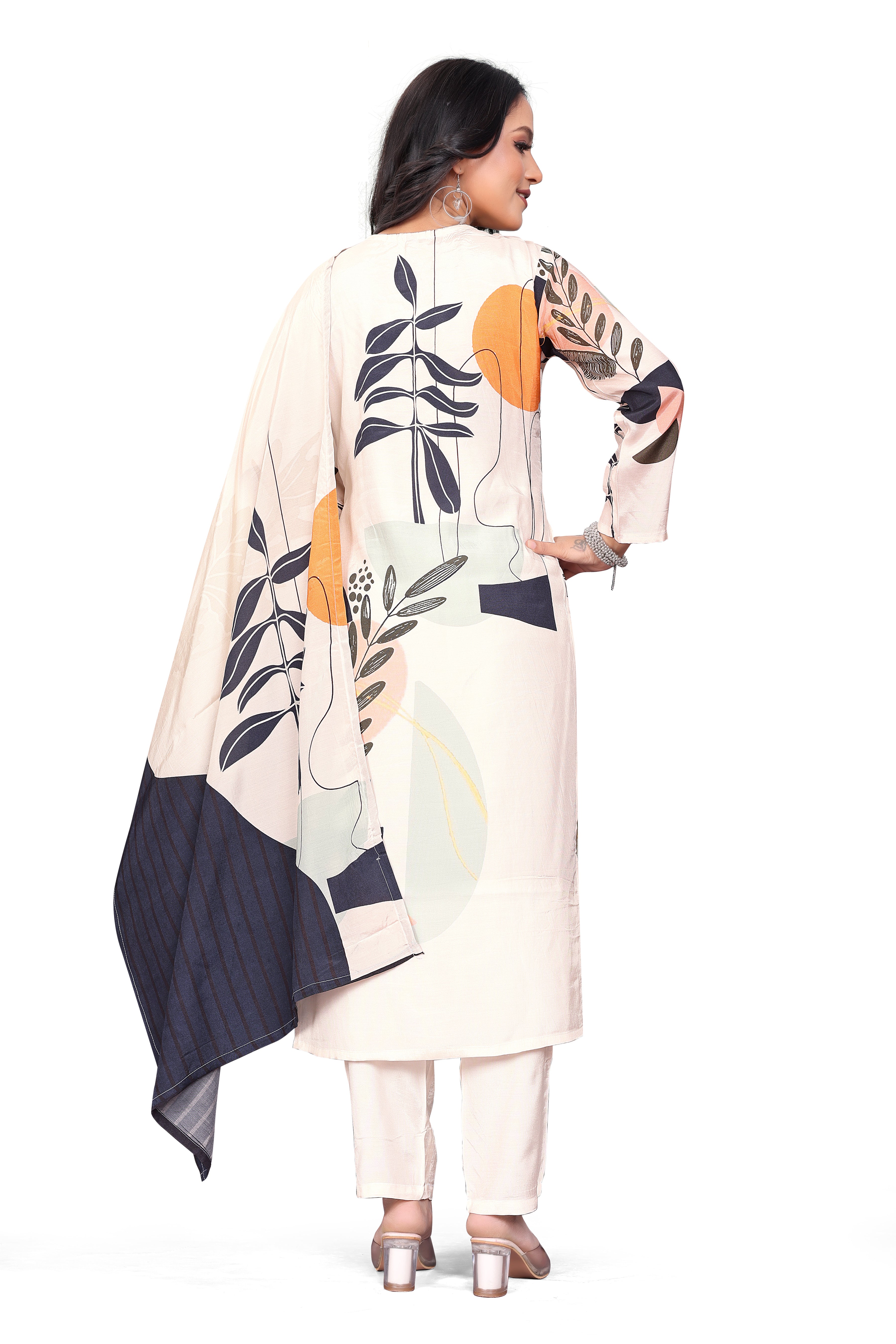 Pastal Cream Printed Viscose Straight Kurta with Pyjama & Dupatta set for Women