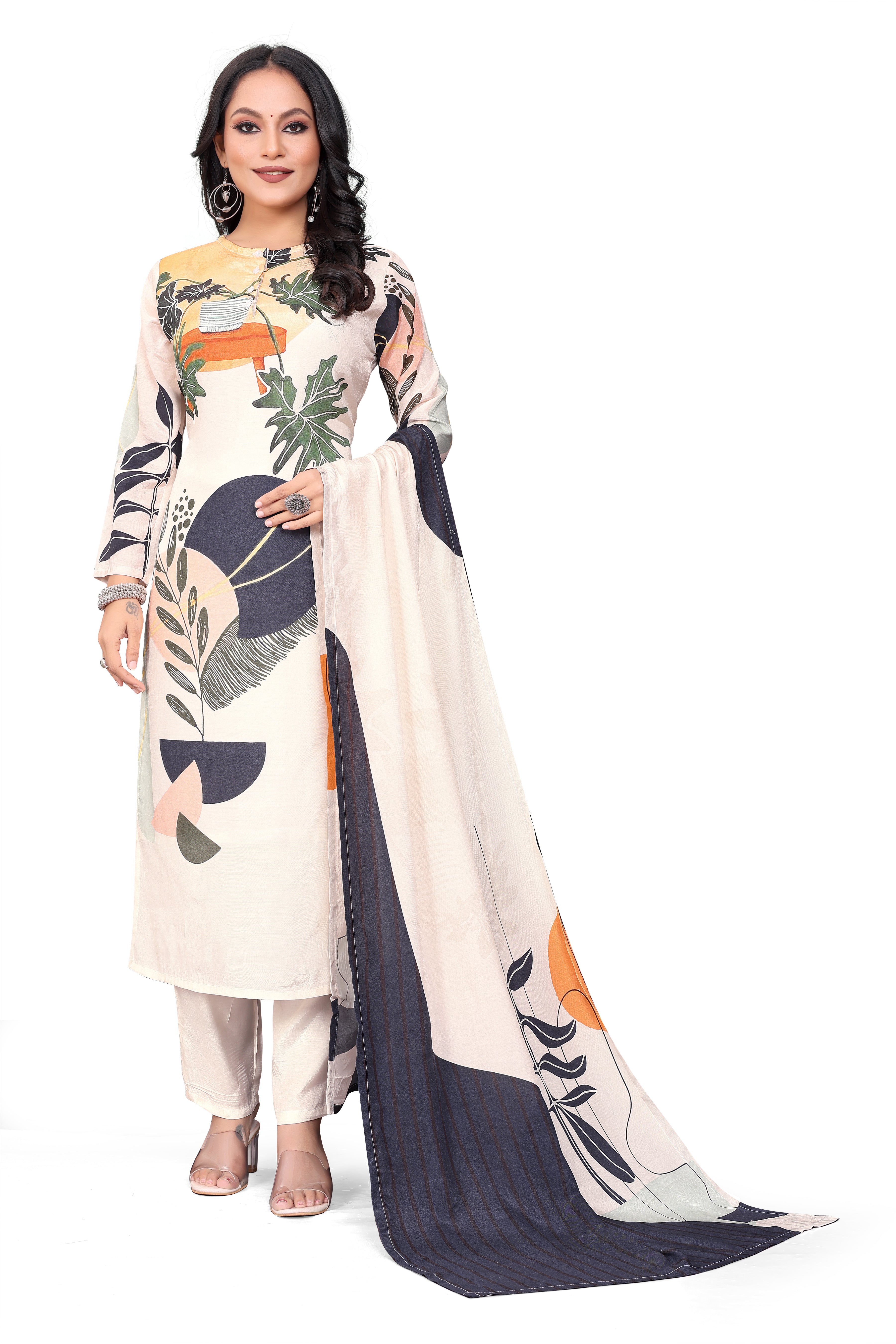 Pastal Cream Printed Viscose Straight Kurta with Pyjama & Dupatta set for Women