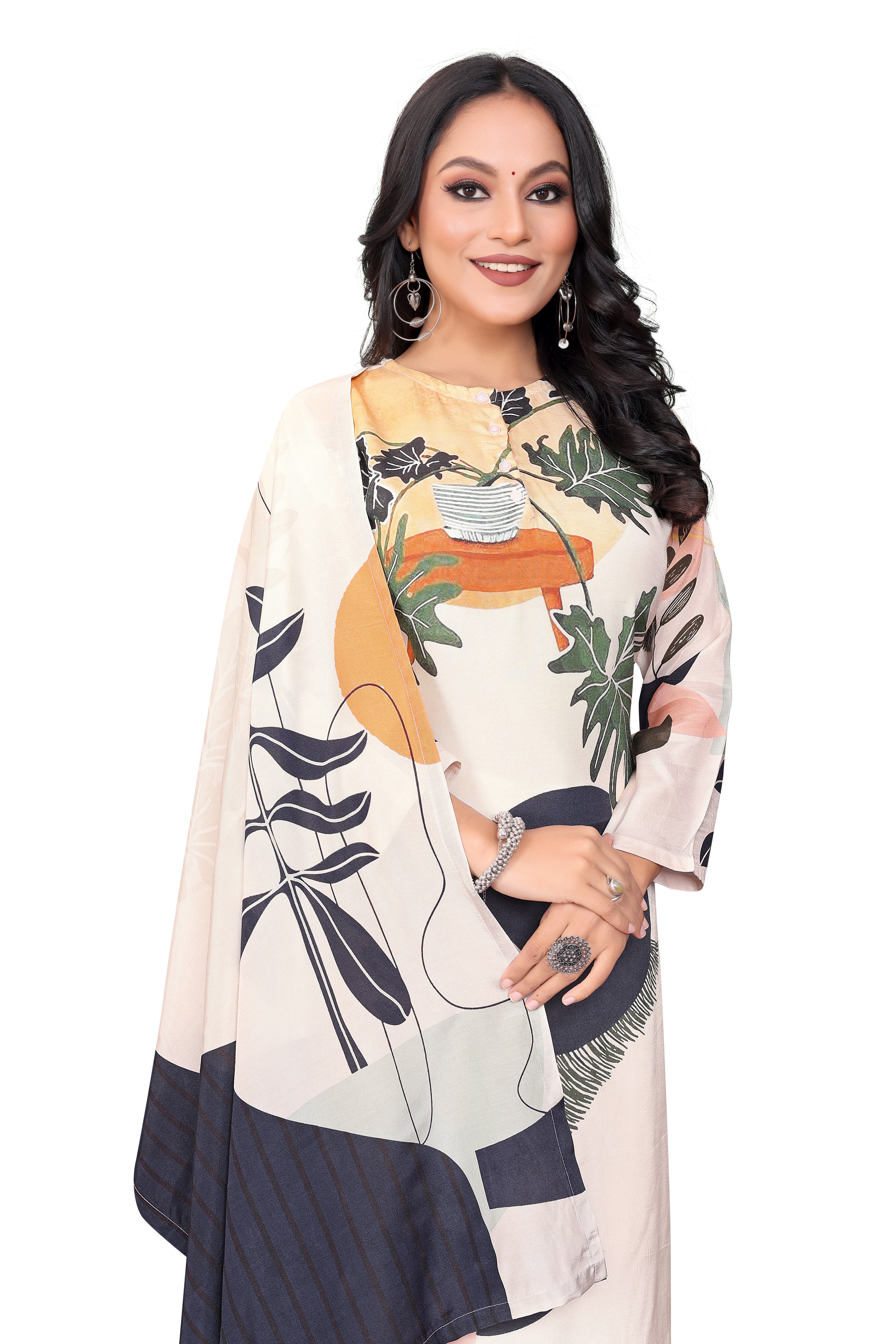 Pastal Cream Printed Viscose Straight Kurta with Pyjama & Dupatta set for Women