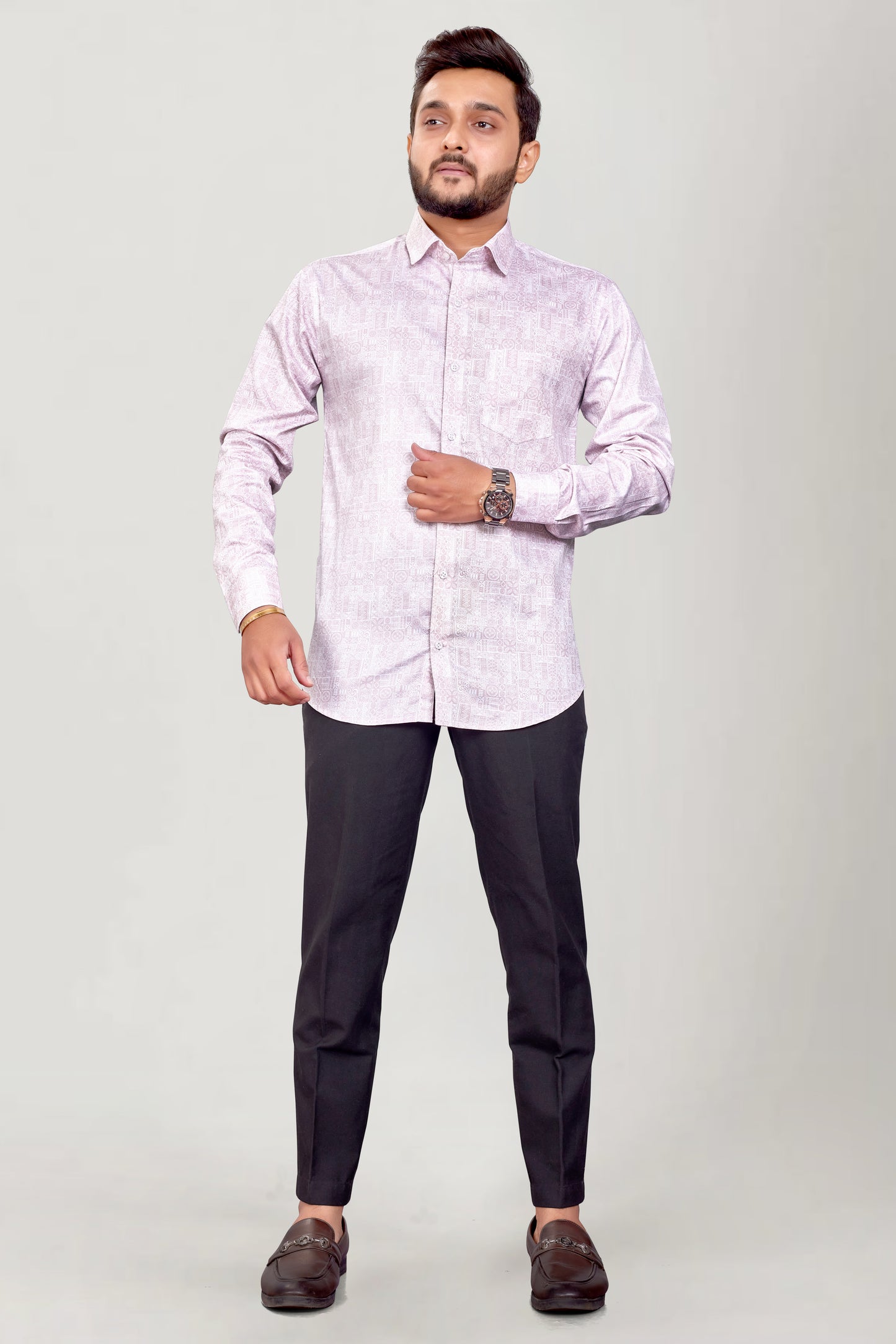 Men Peony Pink Printed Premium Cotton Shirt
