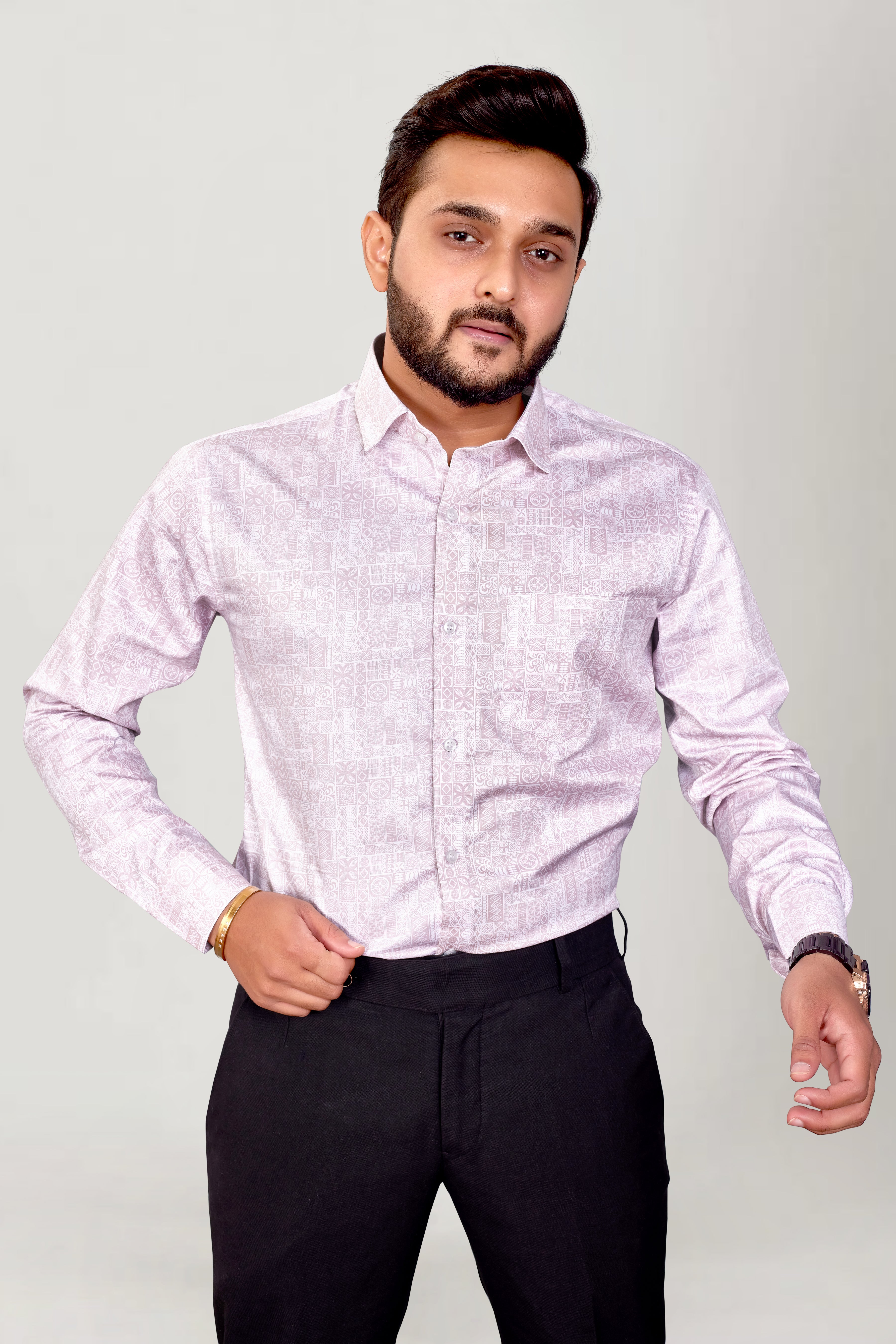 Men Peony Pink Printed Premium Cotton Shirt