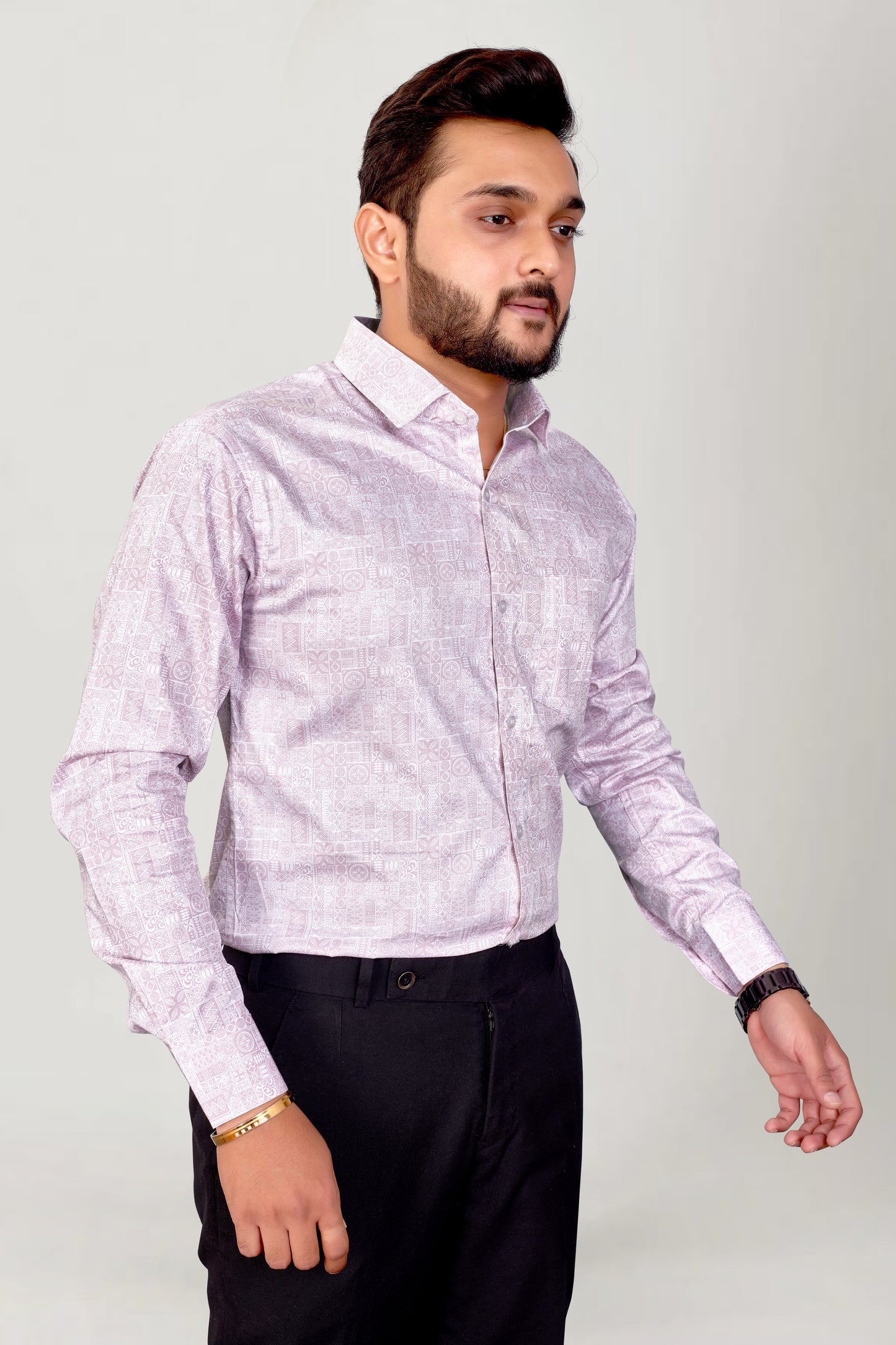 Men Peony Pink Printed Premium Cotton Shirt