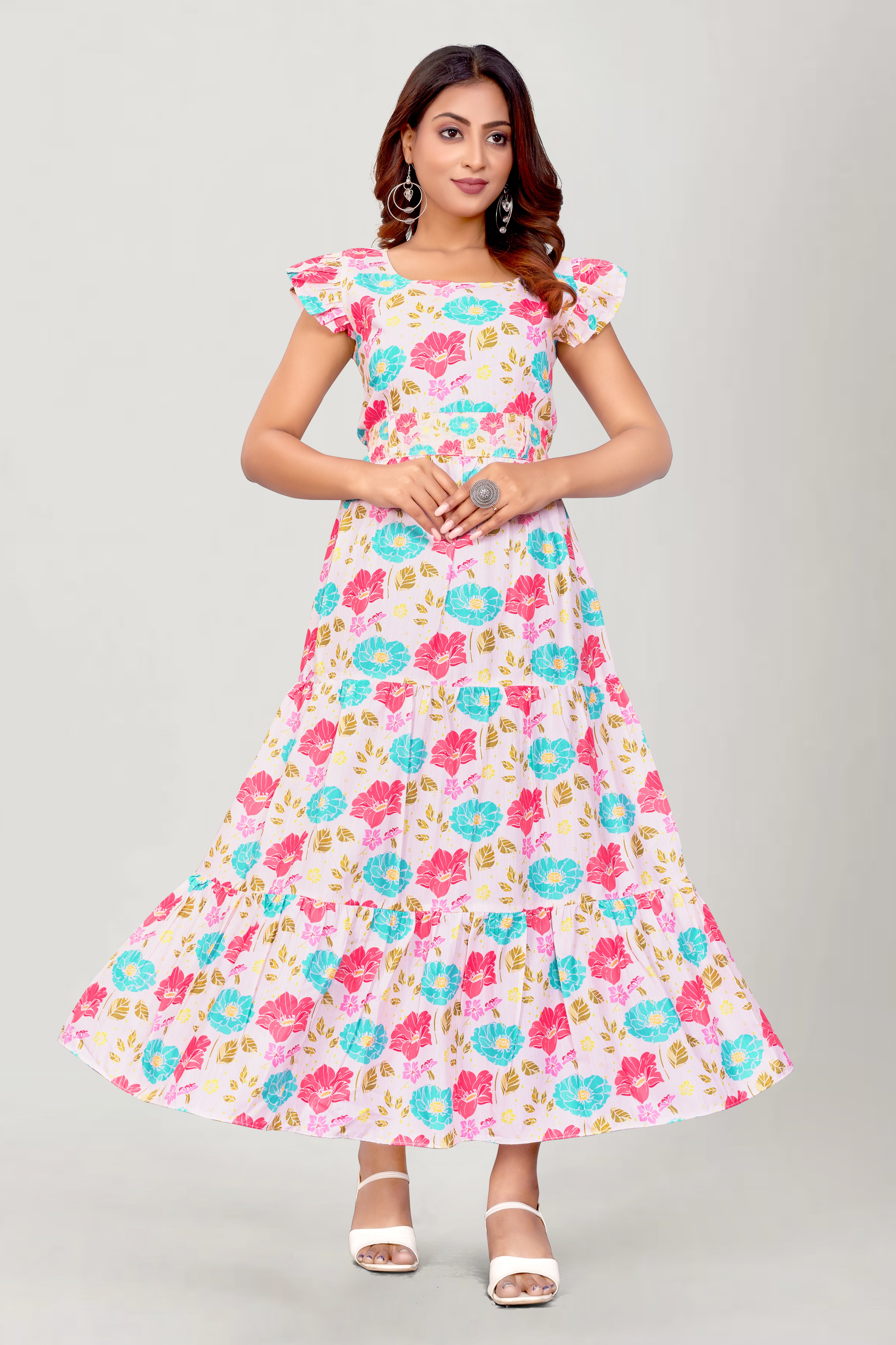 Women Reyon Slub Floral Printed Gown