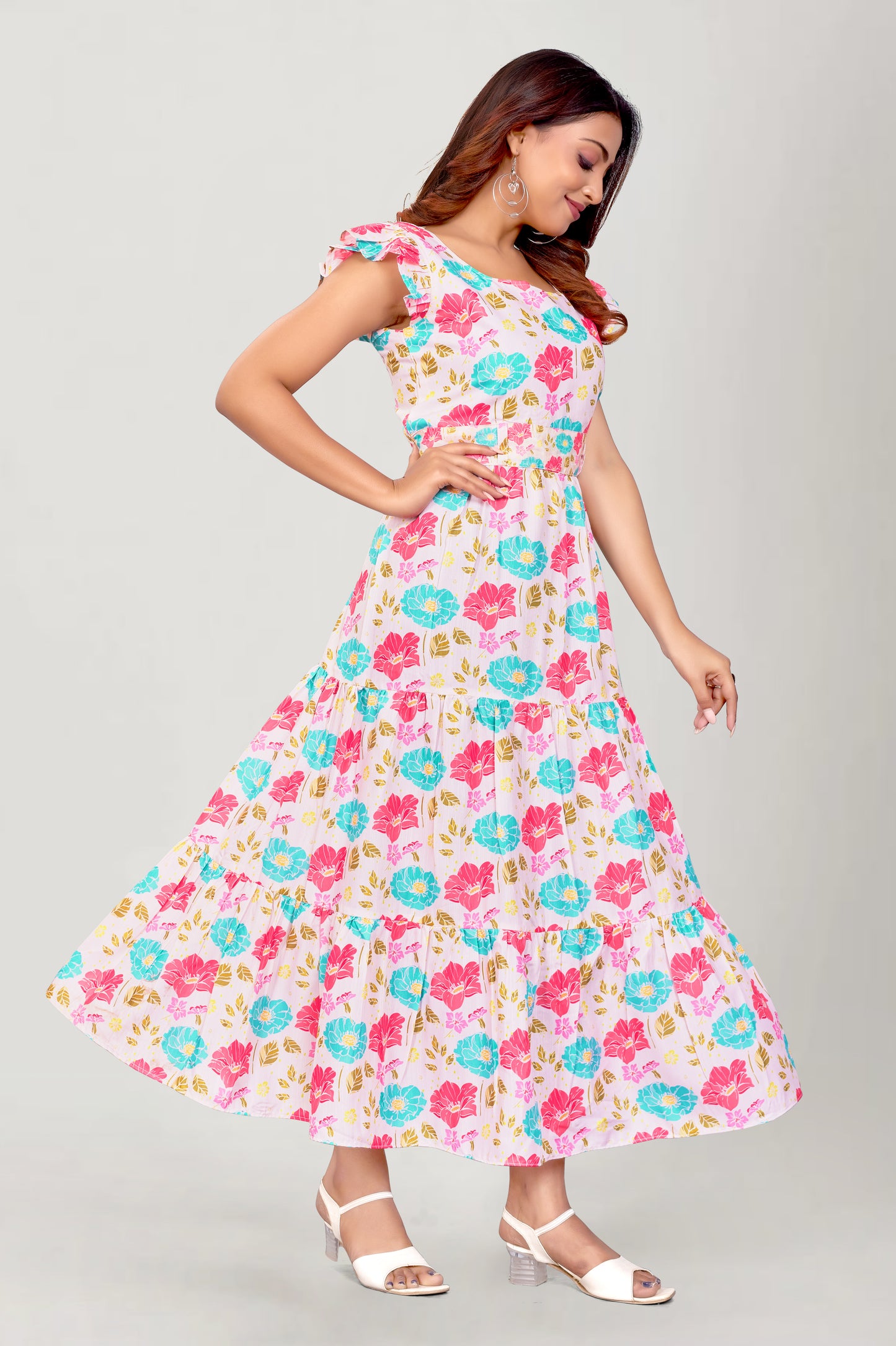 Women Reyon Slub Floral Printed Gown