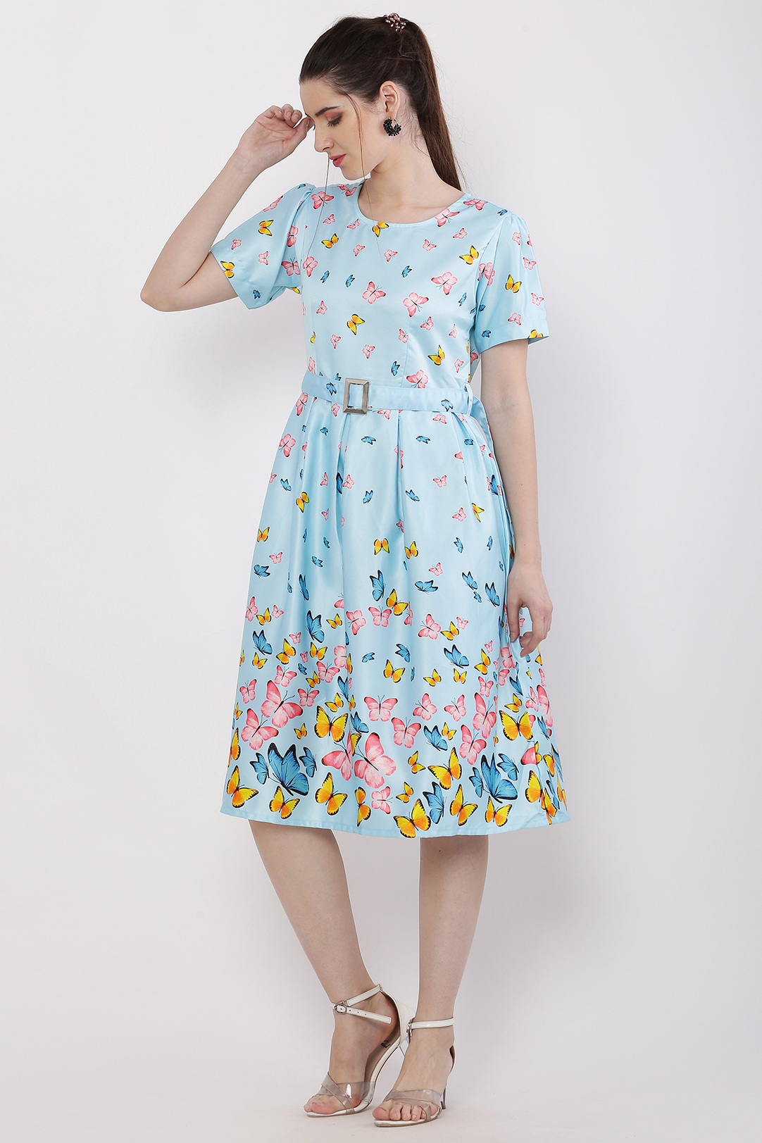 Women Turquoise Blue Printed Satin Midi Dress