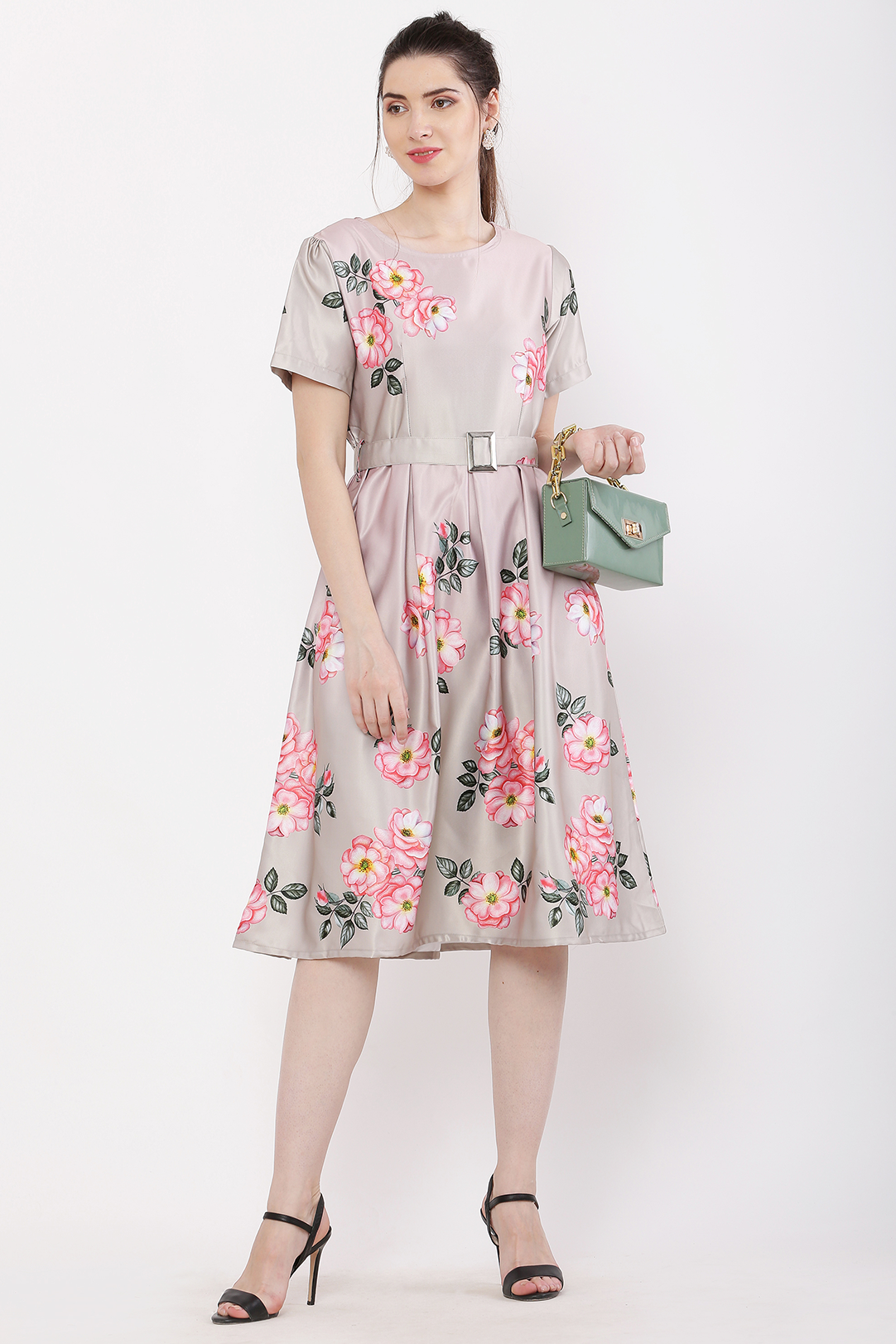 Women Blossom Pink Printed Satin Midi Dress