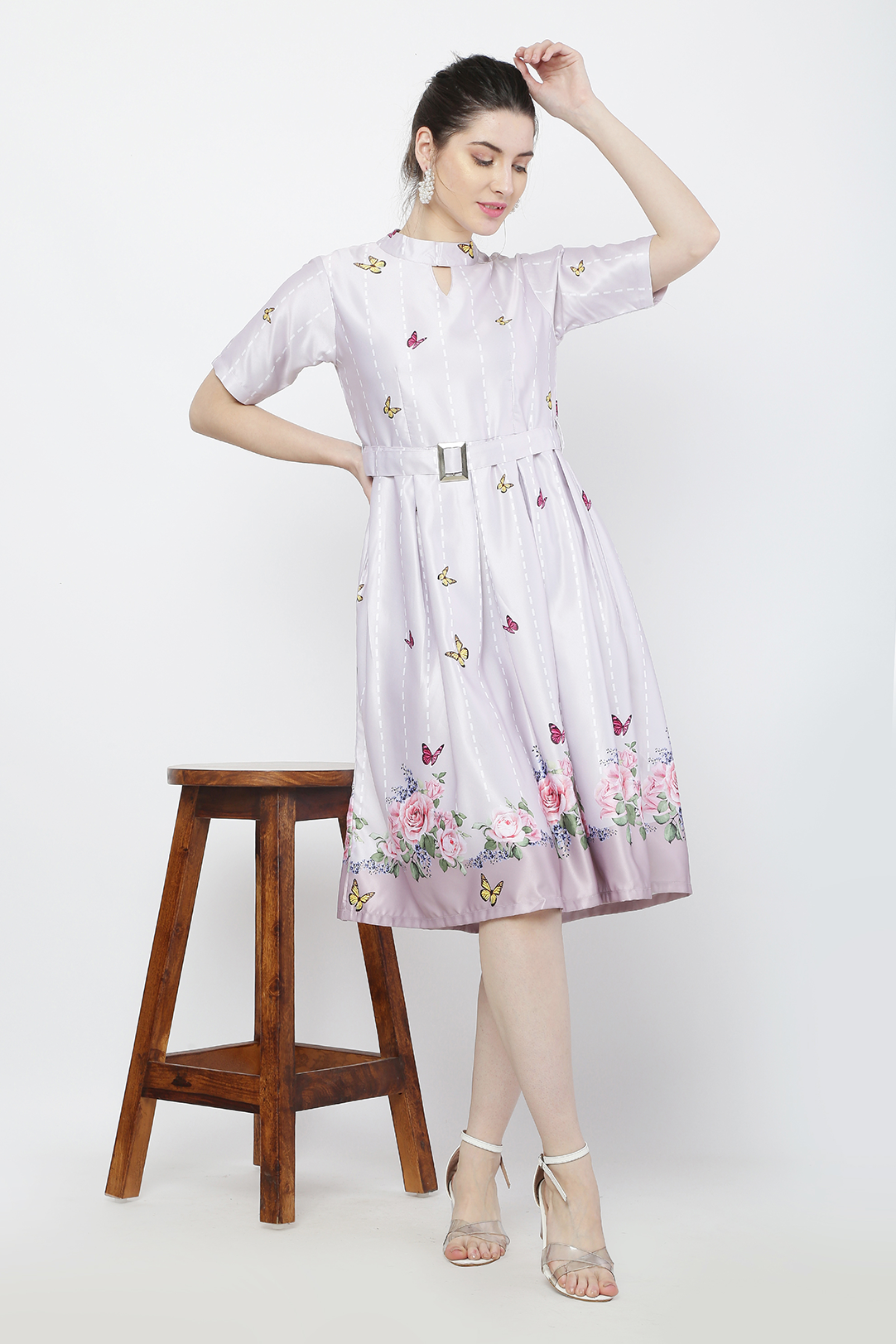 Women Soft Pink Printed Satin Midi Dress