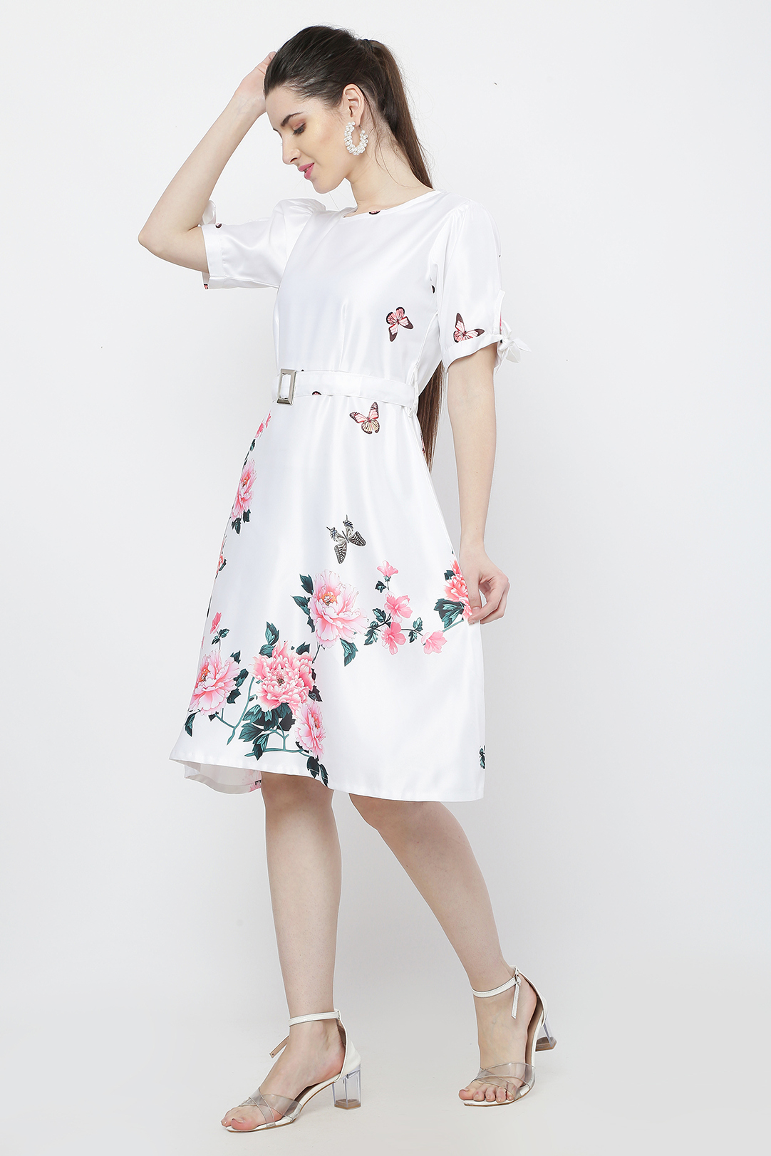 Women White Printed Satin Midi Dress