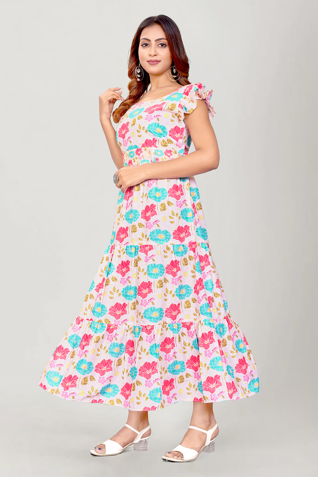 Women Reyon Slub Floral Printed Gown