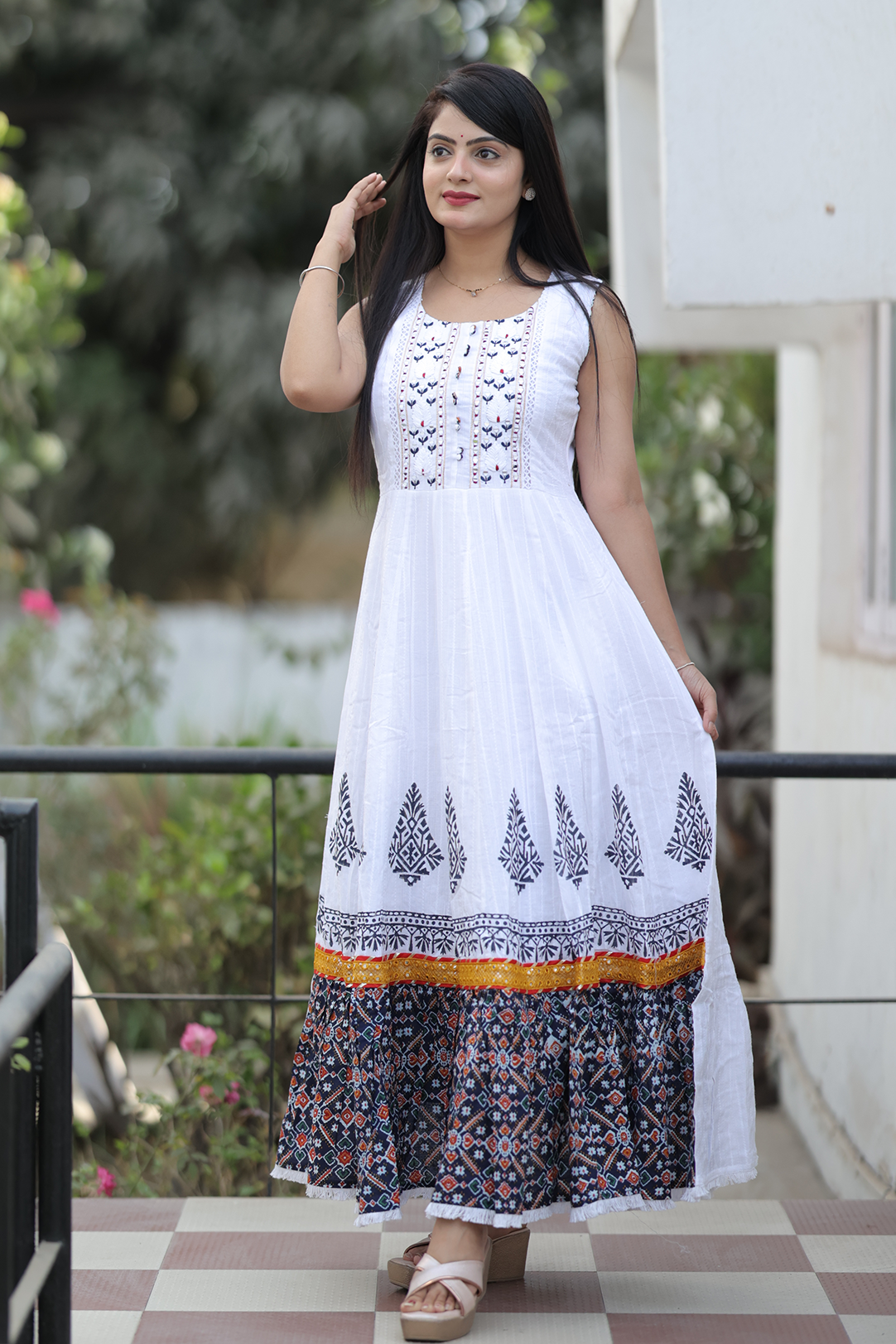 Women Cotton White Embroidered Mirror Work Gown