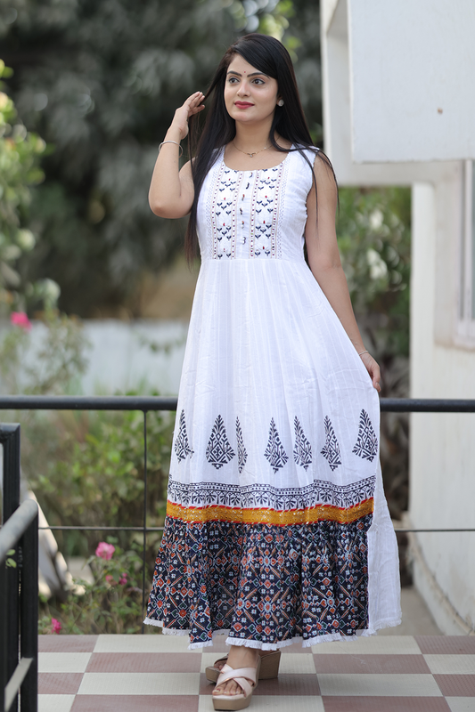 Women Cotton White Embroidered Mirror Work Gown