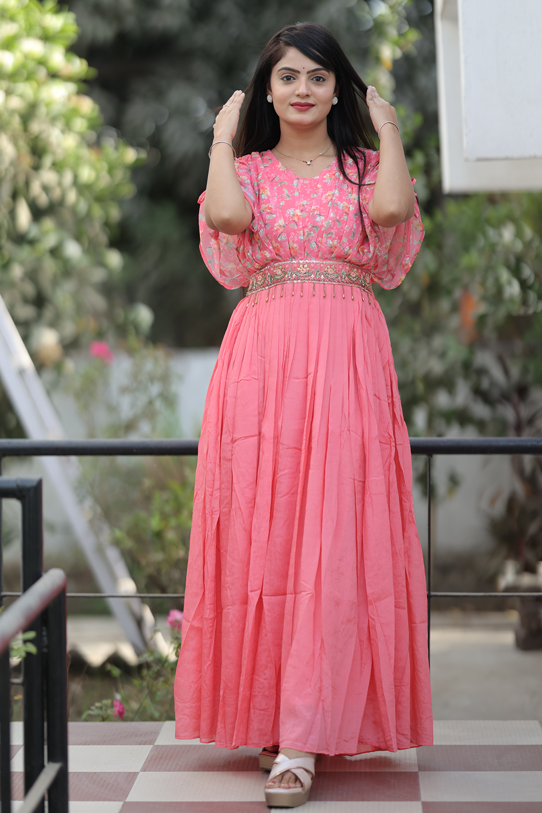 Women Pink Handwork Printed Georgette Gown