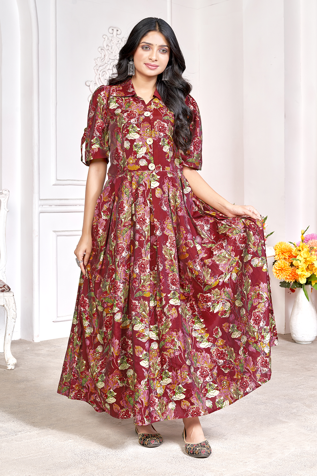 Women Maroon Cotton Muslin Floral Printed Gown