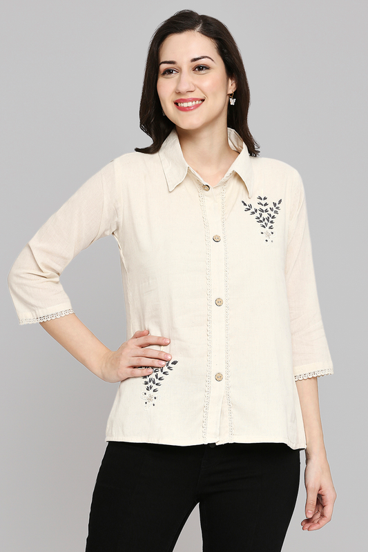 Shirt Type Women Embroidered White Khadi cotton Tunic Top