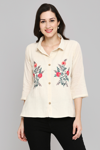 Shirt Type Women Embroidered White Khadi cotton Tunic Top