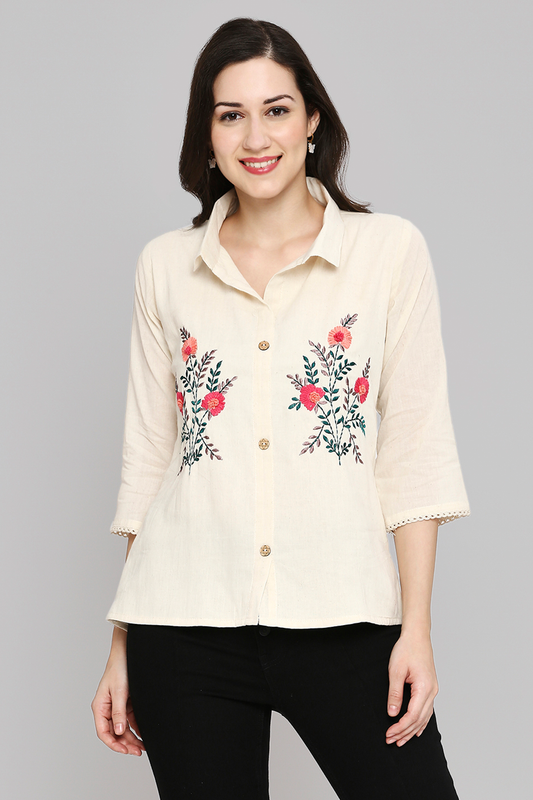 Shirt Type Women Embroidered White Khadi cotton Tunic Top